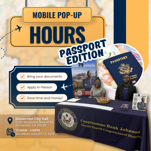 Graphic for Pop-Up Passport Day at Stonecrest City Hall on August 15,2026 from 10 am to 3 pm
