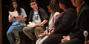 High school students Anam Hussain (left) and Joey Lopez direct questions to a panel of speakers during the Town Hall For Our Lives at the Rialto Center for the Arts in Atlanta on Saturday, April 7, 2018. STEVE SCHAEFER / SPECIAL TO THE AJC