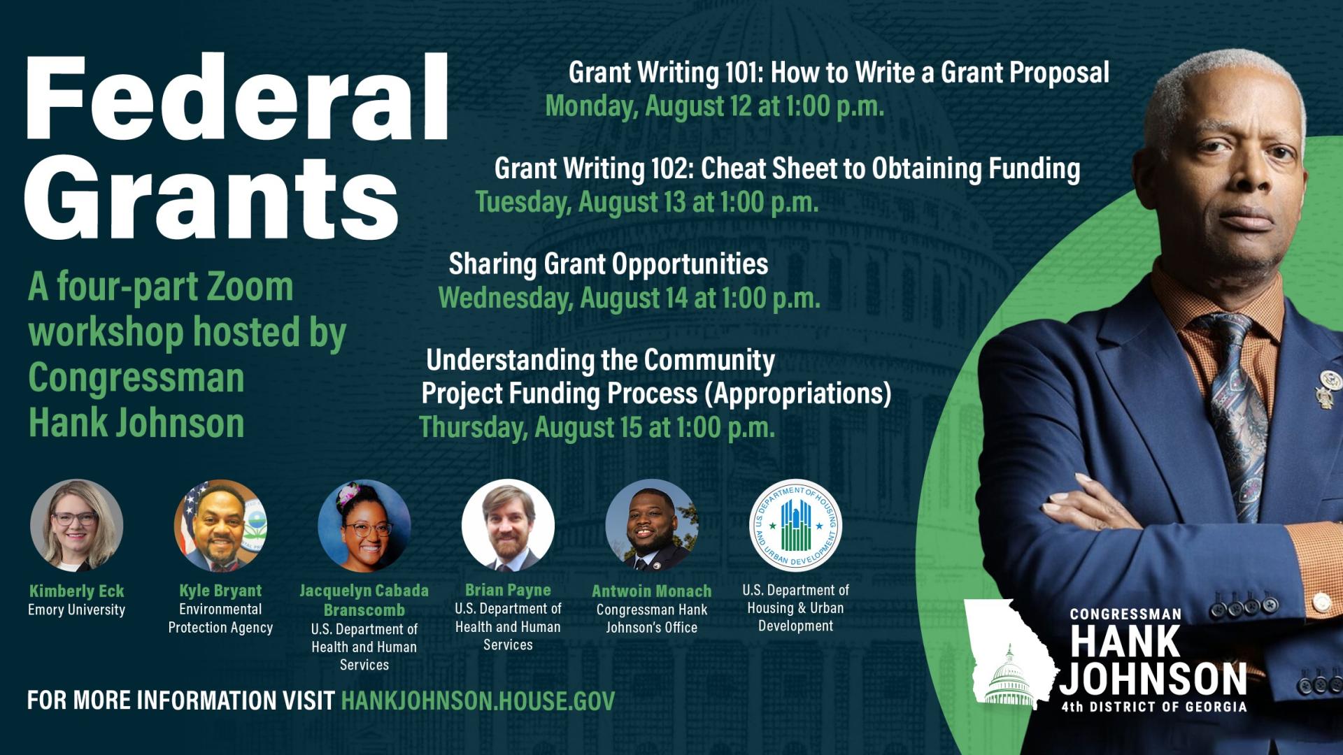 Flyer for a four-part federal grants workshop hosted by Congressman Hank Johnson. Sessions cover grant writing, sharing grant opportunities, and understanding community project funding processes.